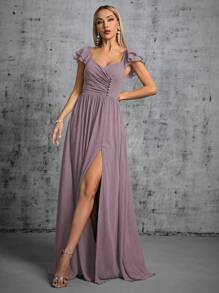 Asymmetrical Pleated Button Split Puff Sleeve Bridesmaids Long Dress - Dusty Purple - View 5