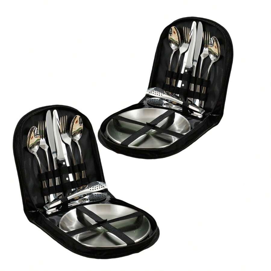 Two Sets Of Stainless Steel Outdoor Camping Cutlery Sets - Including Forks, Spoons, Knives, Chopsticks, Food Clips, Plates - Portable Cutlery Bags, Totaling 20pcs - màu đen - Xem 1