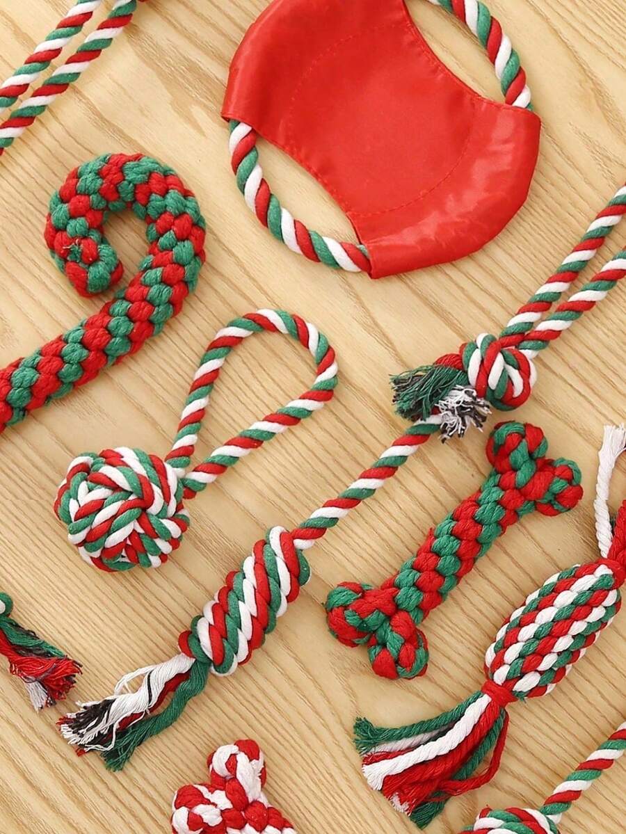 1 pieza Juguetes para mascar con temática navideña para mascotas, entregados al azar, juguetes de cuerda navideños, limpieza duradera de dientes, regalo navideño para mascotas