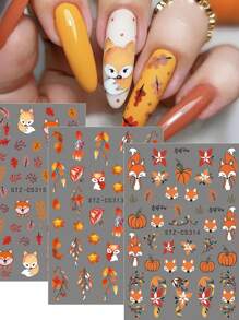 FULL BEAUTY 2/3/5pcs Cartoon Fall Maple Leaves Fox Nail Art Stickers Flower Pine Cones Mushrooms Sunflowers Foxes Pumpkins Autumn Halloween Ghost Nail Art Sliders Decoration Tools DIY Nails - Multicolor - View 12