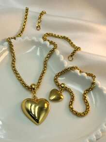 Conjunto Colar e pulseira semijoia coração dourado corrente veneziana fina com verniz italiano