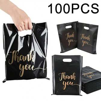 100 个黑色可重复使用塑料购物袋 - 非常适合感谢礼物、圣诞节、派对、商店和精品礼品袋