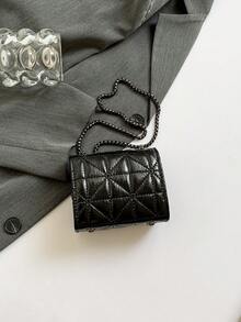 1 件黑色油皮 PU 皮革刺绣迷你锁小方包，儿童化妆包，饰品配件，时尚可爱单肩斜挎包，适合女性日常使用和约会礼物 - 黑色 - 查看 3