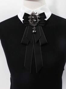 1pc Women's Fashion Black Gemstone Pendant With Black Ribbon Bow Necktie, Suitable For Banquet, Gift, School Outfit - Black - View 12