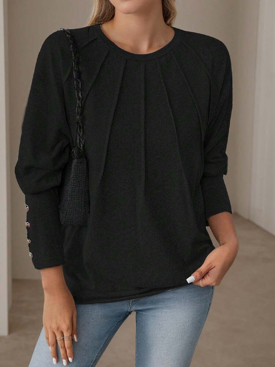 Womens Loose Fluff Granular Fabric Crew Neck Casual Sweatshirt - 黑色 - 查看 1