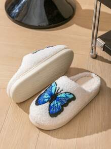 Cartoon Butterfly Design Women's Autumn&Winter Soft And Warm Fluffy Slippers Anti-Skid Home Indoor Bedroom Comfortable Casual Plush House Slippers - White - View 3