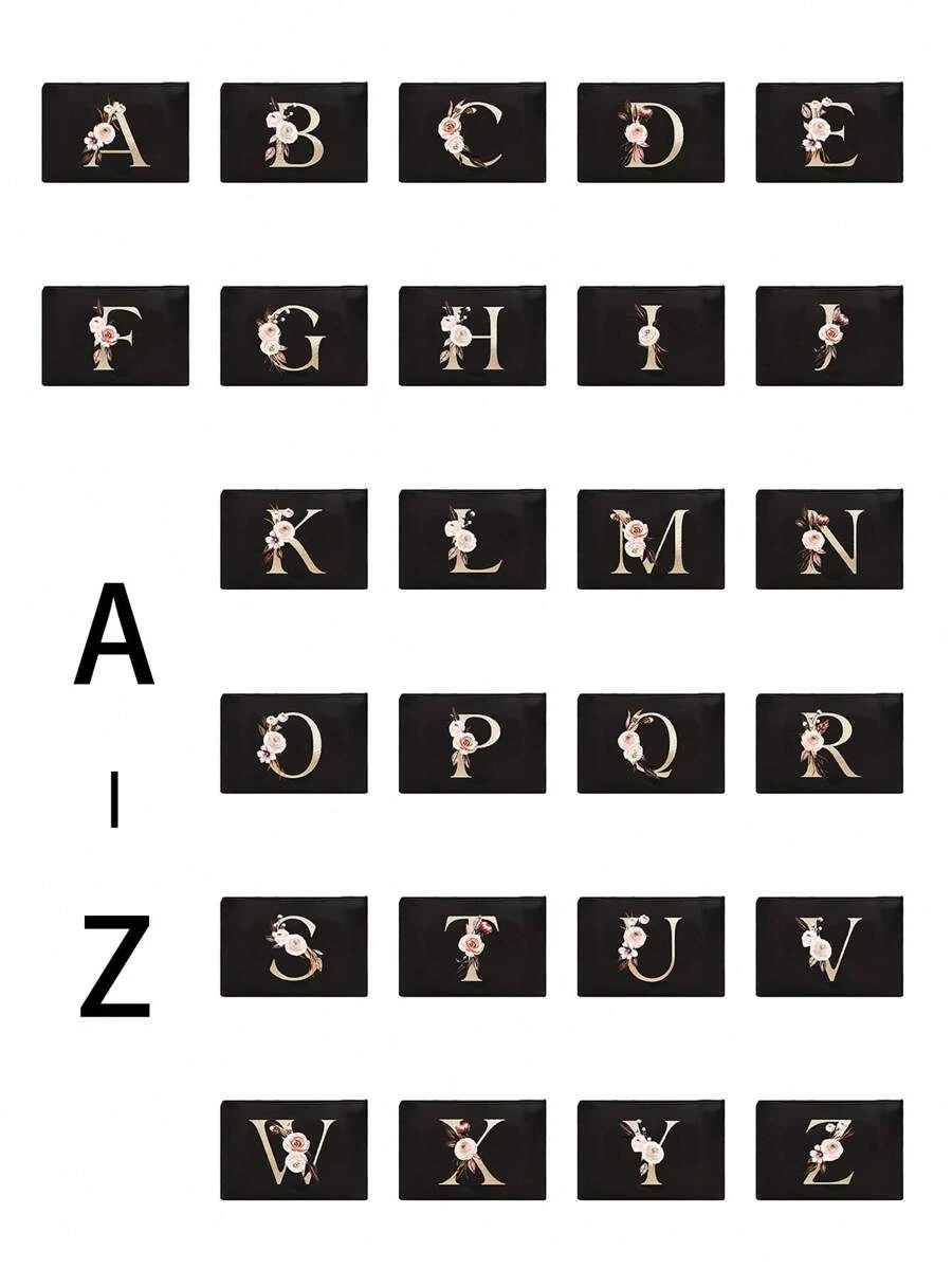 A-Z Buchstaben Muster Make-up Tasche, schwarz kleine Größe, Make-up Beutel, tragbare Kulturtasche, Lehrertags-Geschenk, wiederverwendbare Kosmetiktasche - Schwarz - Übersicht 1
