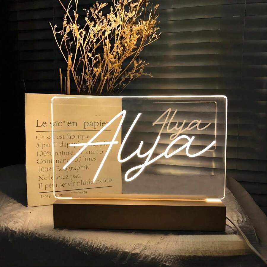 Personalized LED Name Sign Mother's Day Gift Engraved /UV Print Night Light Custom Stand Light Up Sign Wood Table Night Lamp Wedding Birthday - Singel Light-warm White - View 1