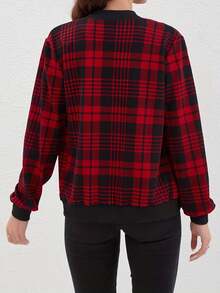 Women's Red Plaid Bomber Jacket, Spring/Autumn - Multicolor - View 4