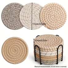 4pcs/8pcs Woven Drink Coasters, Round Absorbent Beverage Cup Mats, Handmade Fabric Coasters, Absorbent Coaster Set With Tray, Bohemian Style (Excluding Rack)
