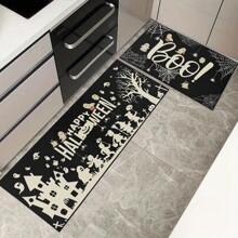 1/2pcs Halloween Themed Kitchen Mat, Ghost & Letter Pattern Design For Home, Room, Halloween Decoration