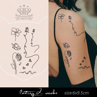 Tatuaje temporal de jugo de hierbas con combinación de elementos naturales, diseño de arte lineal minimalista, resistente al agua, duración de 7-14 días, a prueba de manchas, para hombro, cuello, muñeca, espalda, Body, 1 hoja