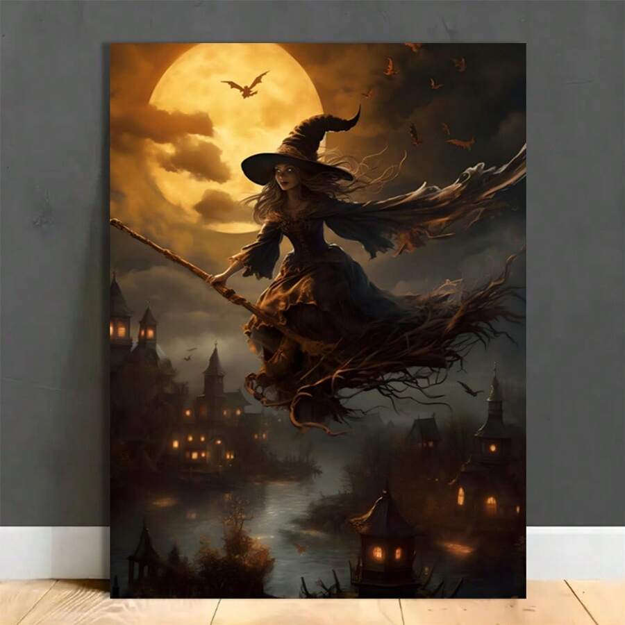 1 Piece-Halloween-Painting Frame-Canvas Poster Beautiful Visual Art Aesthetic Halloween Witch Flying Over Old  Dark Witch Halloween Poster Canvas Wall Art Print For Wall Decoration House Decoration Bedroom Decoration Gift - 28*40 inch - Xem 1