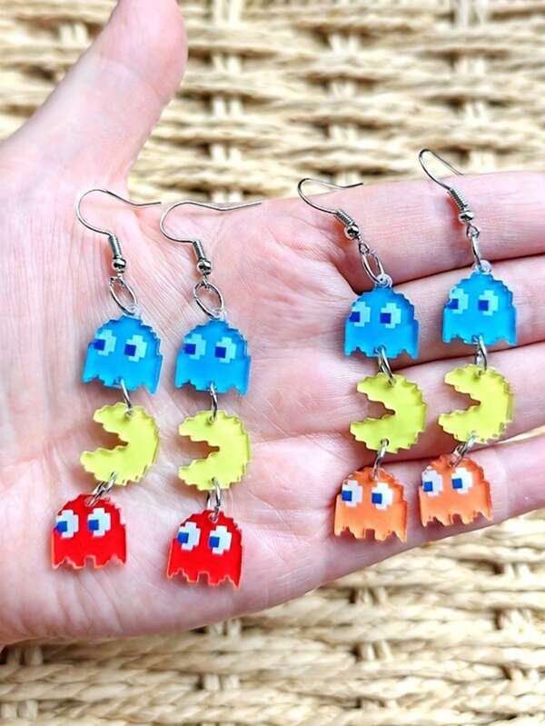 1pair Cute Colorful Monster Design Acrylic Drop Earrings, Cartoon Mosaic Earrings