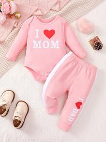 2pcs/Set Cute Baby Girl Letter Print Bodysuit And Printed Pants Set - Pink - View 9