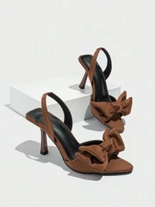 Women's Bow Decor Pointed Toe Elastic Strap High Heel Sandals, Elegant For Party, Commute And Daily Wear, Fashion Satin Brown High Heel Shoes For Summer And Autumn Valentines