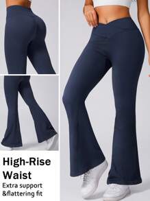 1pc Women's Ribbed Peach Buttock Shaping Flare Leggings, V-Shaped High Waist Fitness Yoga Pants