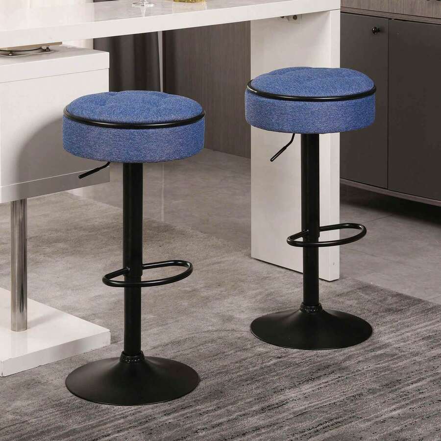 Binlin Taburetes de bar giratorios y sin respaldo de tela de lino con reposapiés, sillas de bar ajustables en altura con base de metal para cocina, pub, isla, juego de 2, azul