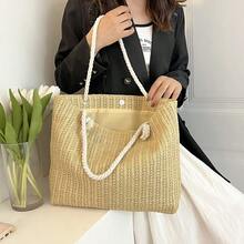 Yogodlns 绳柄手提包女士草编多功能单肩包女士时尚大容量手工编织购物手提包女士 - 卡其色 - 查看 5