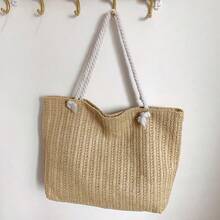 Yogodlns 绳柄手提包女士草编多功能单肩包女士时尚大容量手工编织购物手提包女士 - 卡其色 - 查看 8