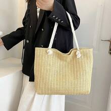 Yogodlns 绳柄手提包女士草编多功能单肩包女士时尚大容量手工编织购物手提包女士 - 卡其色 - 查看 3