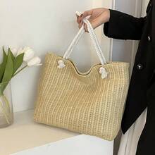 Yogodlns 绳柄手提包女士草编多功能单肩包女士时尚大容量手工编织购物手提包女士 - 卡其色 - 查看 2