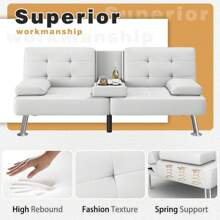 Modern Faux Leather Futon Sofa Bed For Living Room Convertible Folding Adjustable Recliner With 2 Cup Holders - 白色 - 查看 4