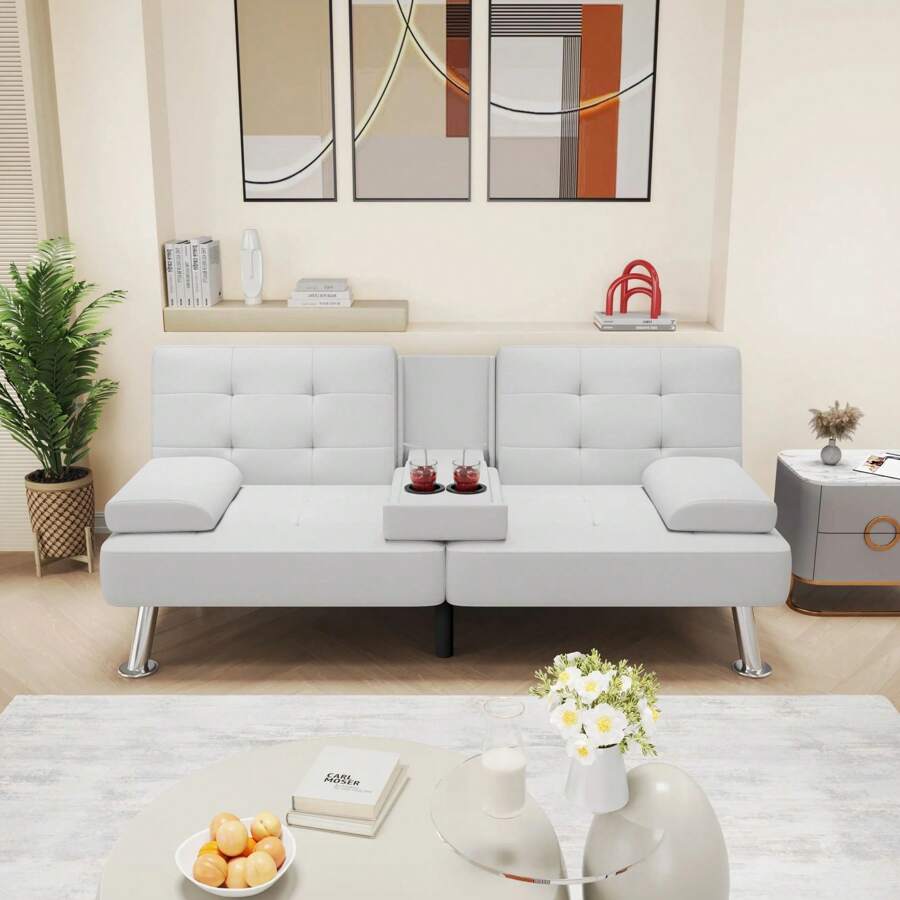 Modern Faux Leather Futon Sofa Bed For Living Room Convertible Folding Adjustable Recliner With 2 Cup Holders - 白色 - 查看 1