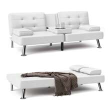Modern Faux Leather Futon Sofa Bed For Living Room Convertible Folding Adjustable Recliner With 2 Cup Holders - 白色 - 查看 2