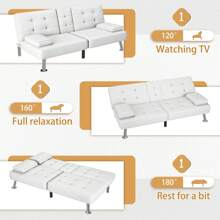 Modern Faux Leather Futon Sofa Bed For Living Room Convertible Folding Adjustable Recliner With 2 Cup Holders - 白色 - 查看 5