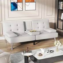 Modern Faux Leather Futon Sofa Bed For Living Room Convertible Folding Adjustable Recliner With 2 Cup Holders - 白色 - 查看 3