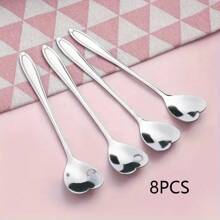 4/8pcs/Pack Heart-Shaped Mirrored Stainless Steel Coffee Spoons, One-Piece Design, Stirring Spoon, Dessert Spoon, Gift Christmas Gift