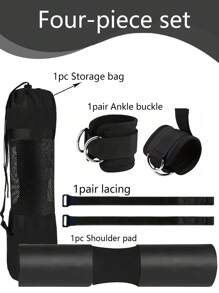 1 kit de almohadilla para barra que consta de 2 correas para tobillos, 1 banda de tensión de resistencia, 1 almohadilla para hombros, 1 bolsa de almacenamiento para almohadilla de hombros y 2 ataduras para sentadillas hip thrust, ejercicio, entrenamiento con pesas
