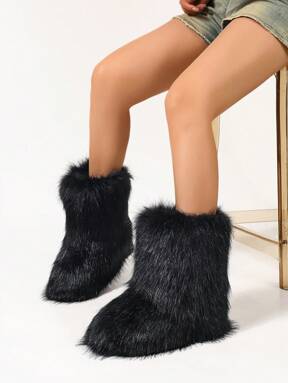 Women's Furry Faux Fur Boots Fuzzy Fluffy Mid Calf Snow Boots Suede Warm Fur Lined Booties Flat Fashion Boots Black Winter Boots For Women