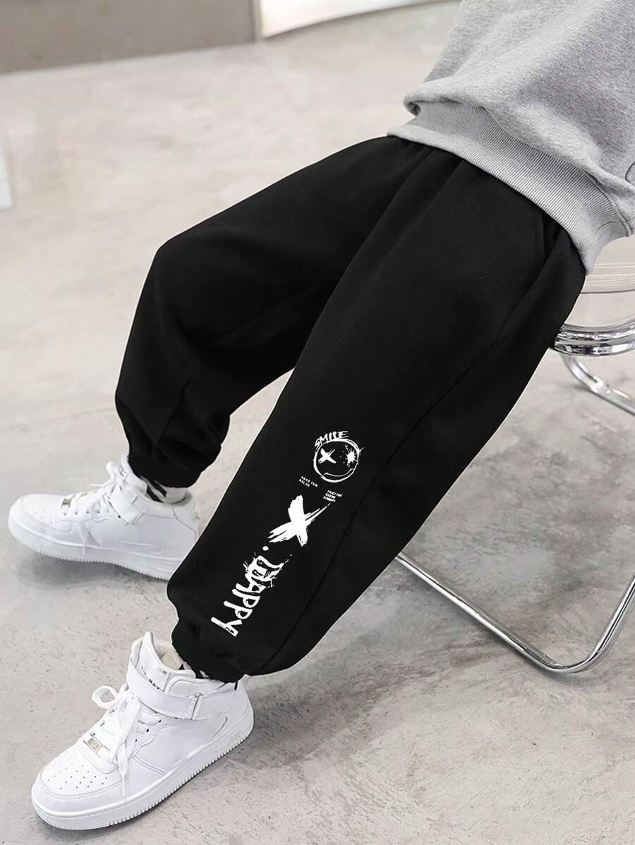 Pantaloni de trening cu imprimeu de desene animate, croială lejeră, joggeri casual cu buzunare, toamnă/iarnă - Negru - Vizualizare 1