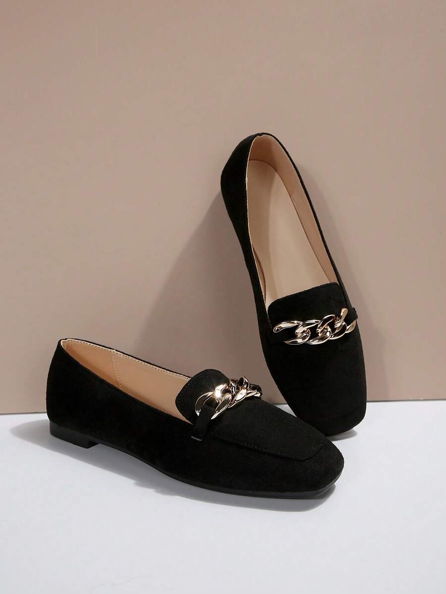 Fall/Winter New Fashion Square Toe Flat Loafers For Women, Metal Chain Decor Slip-On Black Casual Shoes, Size 35-43, Lightweight & Comfortable, Suitable For Outdoor Wear