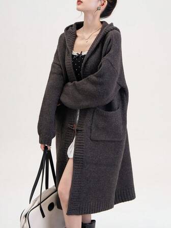 Women's Solid Color Casual Drop Shoulder Hooded Cardigan With Horn Button Decoration, Autumn/Winter