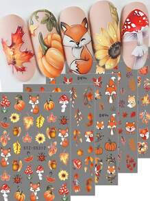 FULL BEAUTY 2/3/5pcs Cartoon Fall Maple Leaves Fox Nail Art Stickers Flower Pine Cones Mushrooms Sunflowers Foxes Pumpkins Autumn Halloween Ghost Nail Art Sliders Decoration Tools DIY Nails - Multicolor - View 8