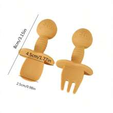 2pcs Silicone Baby Spoon And Fork Set | Self Feeding Tableware, Toddler Infant Feeding Spoon And Fork - Beige - View 3