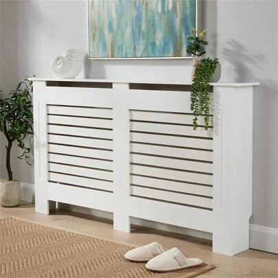 UNHO 92cm High Radiator Cover Wood Cabinet Heater Cover W/ Shutter Grid Fence Bedroom White Grey S/M/L/XL