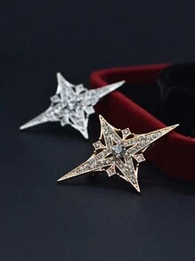 1 pièce Broche étoile dorée étincelante élégante, accessoire de bijoux haut de gamme avec quatre pointes angulaires incrusté de strass, petits diamants multi-couches les entourant, accessoire mode pour soirée