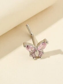 1pc L-Shaped Pink Zirconia Butterfly Nose Ring - Pink - View 4