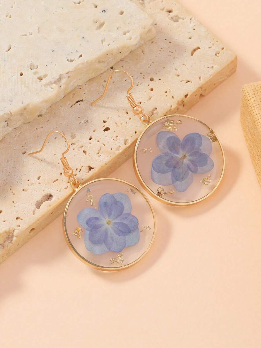 1 Pair Asymmetrical Blue Hydrangea Real Dried Flower Boho Style Earrings, Suitable For Daily Wear