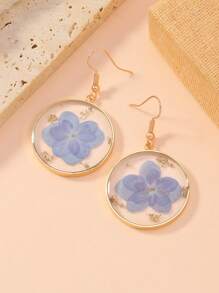 1 Pair Asymmetrical Blue Hydrangea Real Dried Flower Boho Style Earrings, Suitable For Daily Wear
