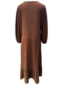 Women Spring Autumn Vintage Modest Long Sleeve Dress, Puff Sleeve, Pockets, Ruffle Hem - Coffee Brown - View 2