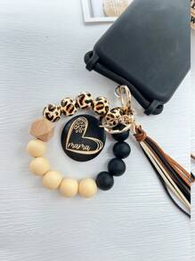 1pc Leopard Wooden Bead Silicone Bead Korea Tassel Charm Heart Wood Slice Wrist Phone Cord, Bag Charm, Key Chain Accessory, Mother's Day Gift Gifts For Mother, Family, Friends, Birthday, Holiday Phone Charm, Phone Chain