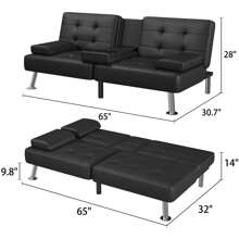 Modern Faux Leather Futon Sofa Bed For Living Room Convertible Folding Adjustable Recliner With 2 Cup Holders - màu đen - Xem 10