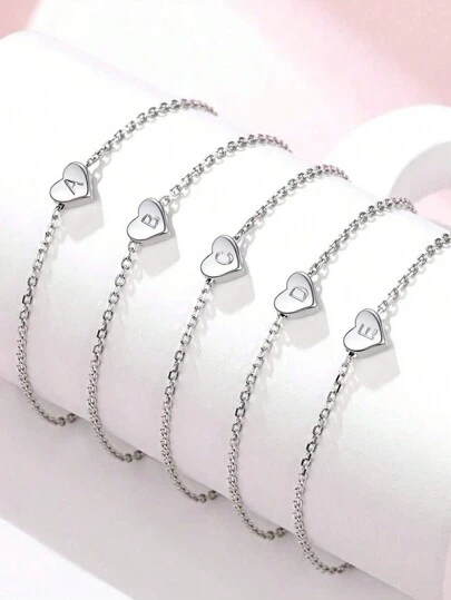 1pc A-Z 26 Stainless Steel Heart Shaped Letter Adjustable Bracelet, Simple Silver Tone, Suitable For Teenagers, Daily Wear Or Gift