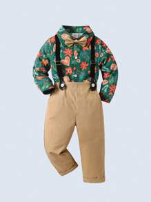 BOARNSEORL 2pcs Young Boys Gentleman Outfit, Collared Long Sleeve Shirt With Bowknot And Suspender Pants, Fashionable And Stylish For Holidays, Christmas, Weddings, Birthday Parties, Events