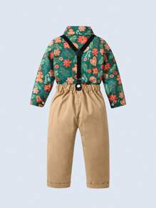BOARNSEORL 2pcs Young Boys Gentleman Outfit, Collared Long Sleeve Shirt With Bowknot And Suspender Pants, Fashionable And Stylish For Holidays, Christmas, Weddings, Birthday Parties, Events